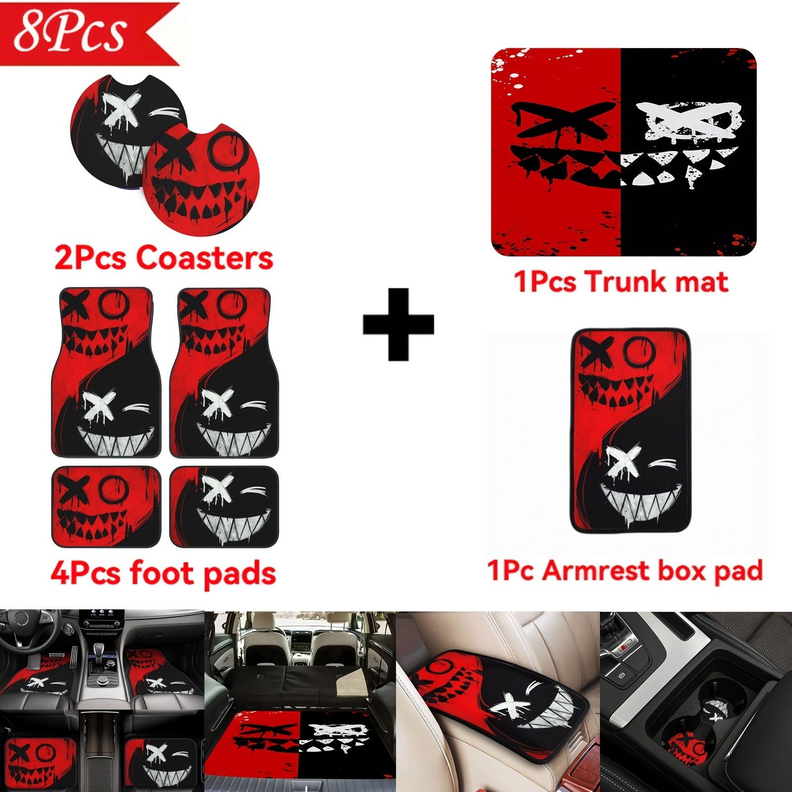 Temu – TEMU 8pcs/ Set Fashionable Halloween-themed Printed Universal Front And Rear Car Mats, Cup Mats, Armrest Box Mats, And Trunk Mats For Cars, Suvs, And