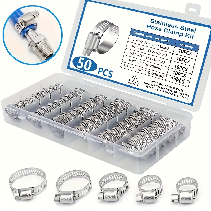 

50pcs Stainless Steel Hose Clamp Kit - Easy-tighten , 1/4" To 1-1/8", Ideal For Plumbing & Auto Projects