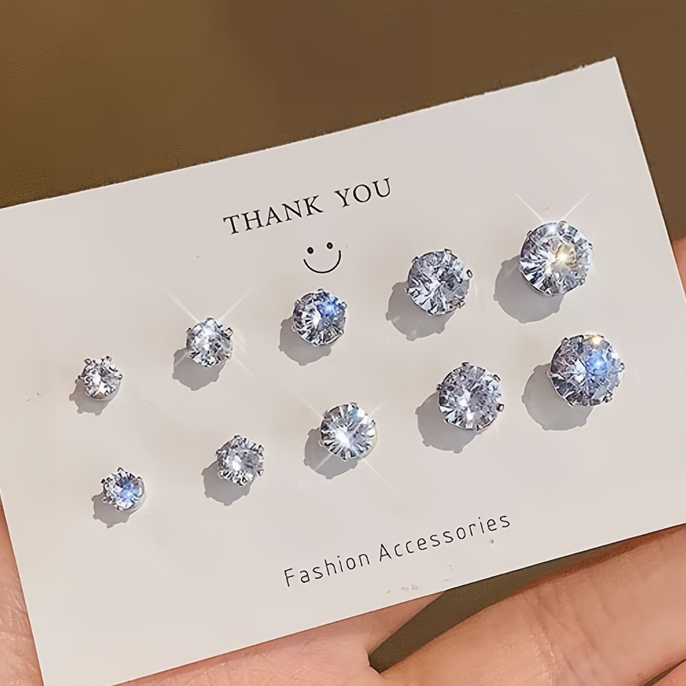 TEMU 5 Pairs/ Set Of Sparkling Clip On Earrings Made Of Stainless Steel And Sparkling Synthetic Zirconia Decoration, Suitable For Women's And Men's