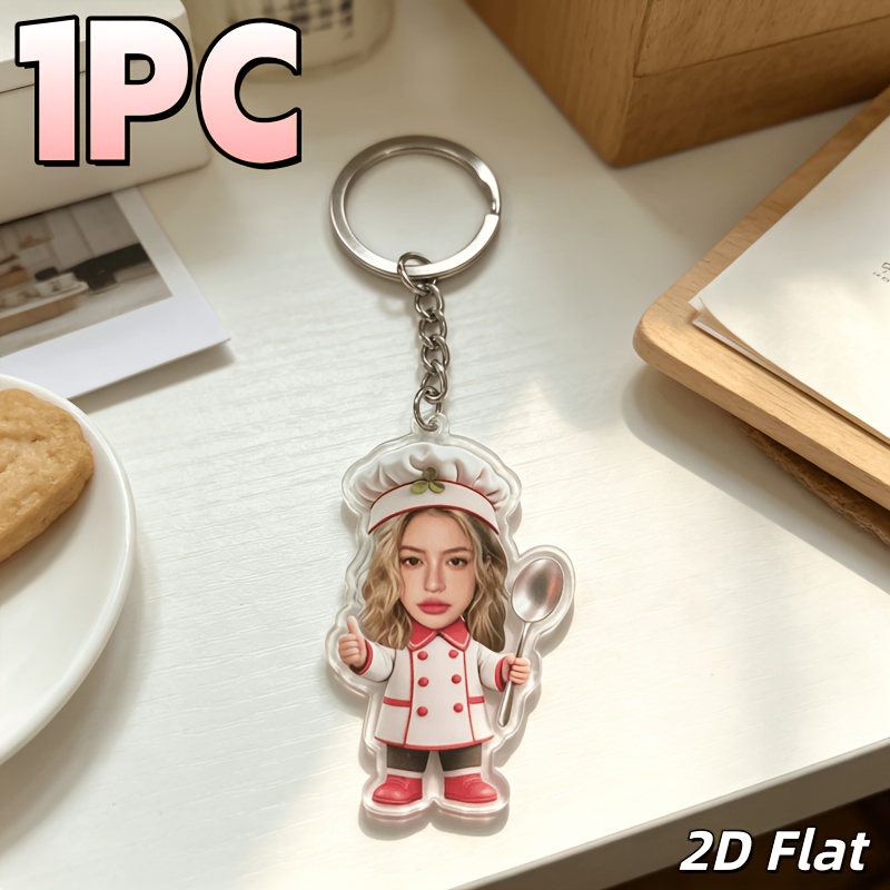 TEMU 2d Flat, 2dflat Personalized Custom Acrylic Keychain, Customizable With Photos, Personalized Cartoon Portrait Keychain, Chef-shaped Keychain,