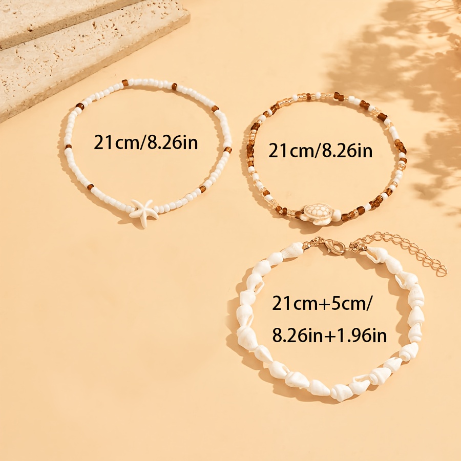 3pcs Creative Starfish & Sea Turtle Seed Bead Anklet Set for Women