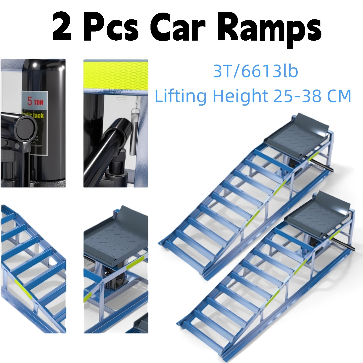 E-shop 2er-Set Autoplatformenrampe, 3T/6613lb, hydraulische Ölwechselrampe mit integriertem reflektierendem Streifen für die Nacht, einstellbare