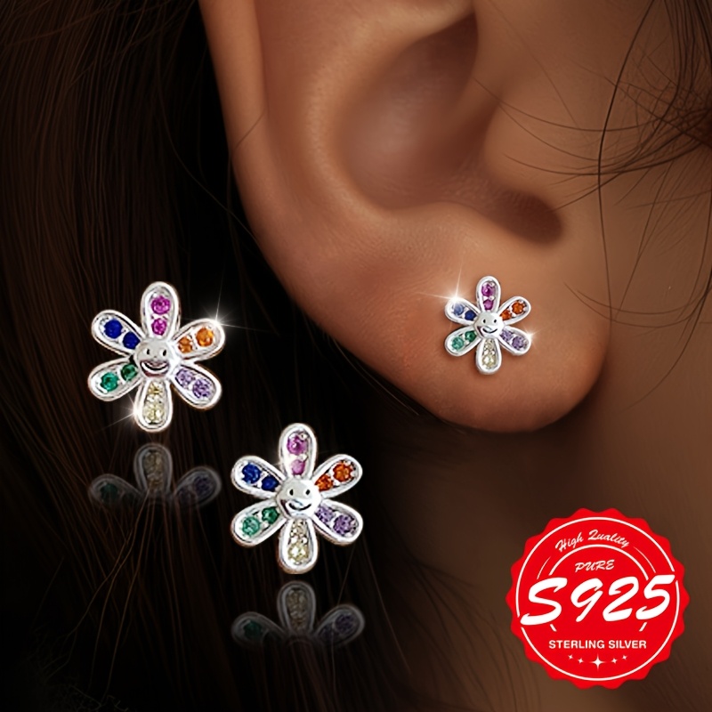 Image of Pair Of S925 Sterling Silvery Women's Colorful Flower Stud Earrings, Sweet And Delicate In Pastoral Style, Daily Wear, Hypoallergenic Gift For Her