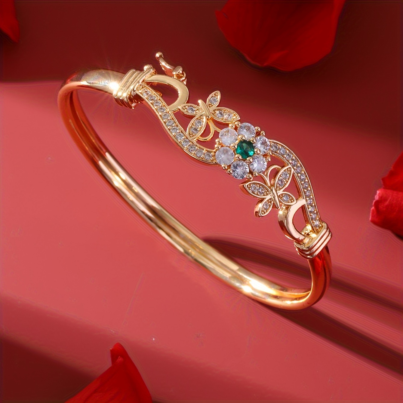 Golden Tone Butterfly Bangle Bracelet with Zirconia & Floral