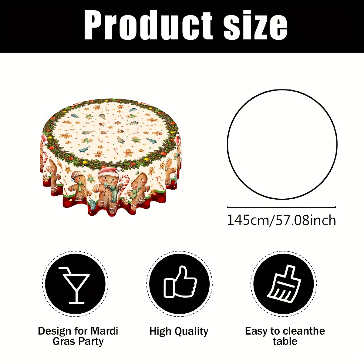 TEMU 1pc 145cm Cute Christmas Gingerbread For Man Pattern Wreath Tablecloth, Christmas Party Dining Table Decoration, Winter New Year Decorative