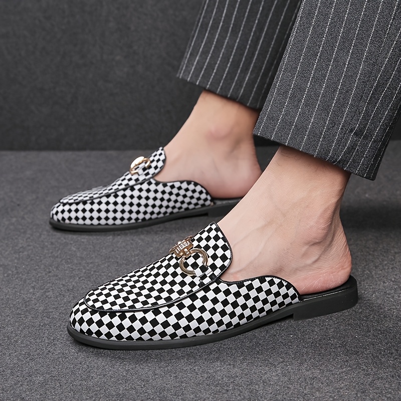 Men's British-Inspired Checkered Slip-On Loafers - Black & White Casual Shoes with Golden Accents, Breathable Rubber Sole for Spring/Summer, Easy Slip-On Design for Daily Wear & Leisure Activities, Classic Loafer Style, Comfortable Interior Lining