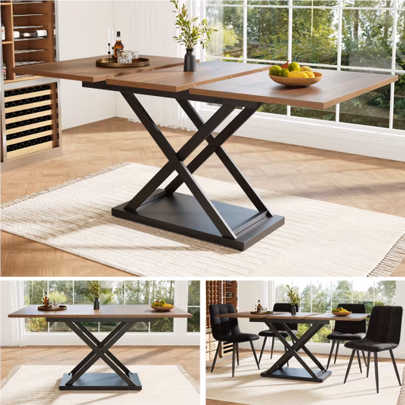 telescoping dining table 120 160 80cm extendable kitchen saving design black iron legs suitable for room walnut colored 9