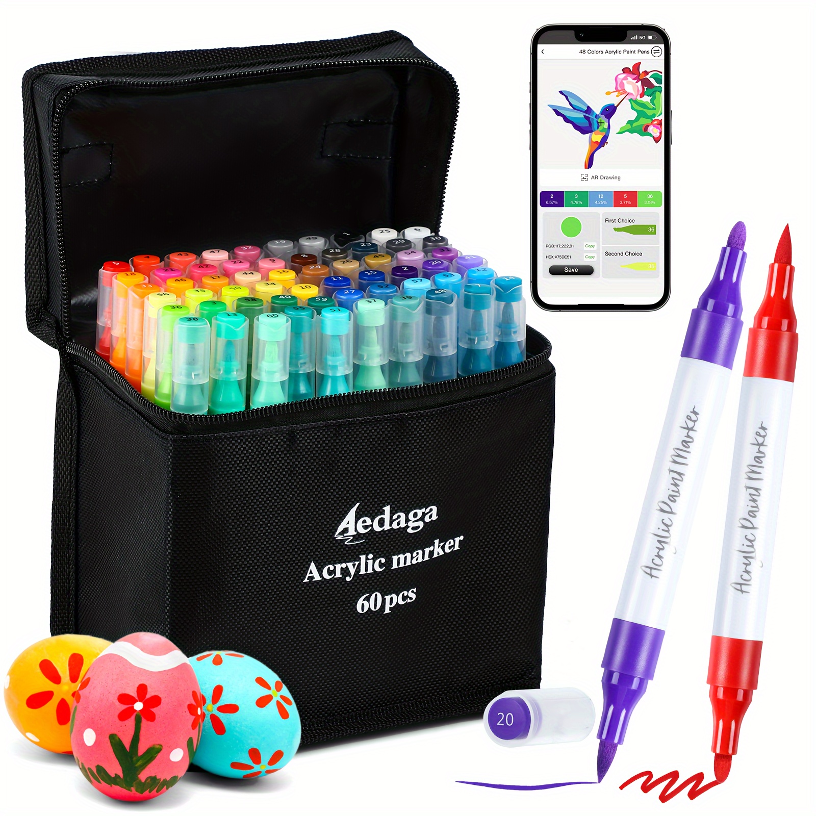 

60 Colors Acrylic Paint Pens With Free App, Dual Tip Acrylic Paint Markers With Brush Tip And Fine Tip For Adults, Kids, Eggs, Wood, Rock, Canvas, Plastic, Stone, Glass, Ceramic