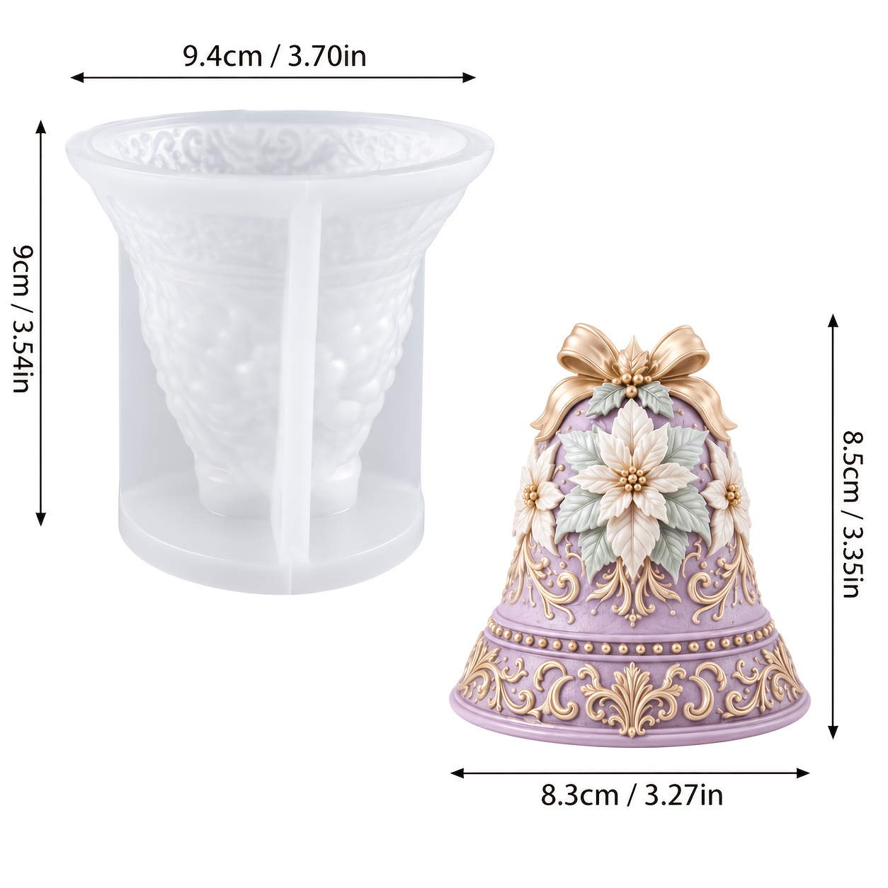 TEMU Cnqnc Reusable Silicone Christmas Bell & Poinsettia Bow Mould - Ornate Suitable For Resin, Plaster, Wax Crafts, Irregular Shaped Bell Frame With