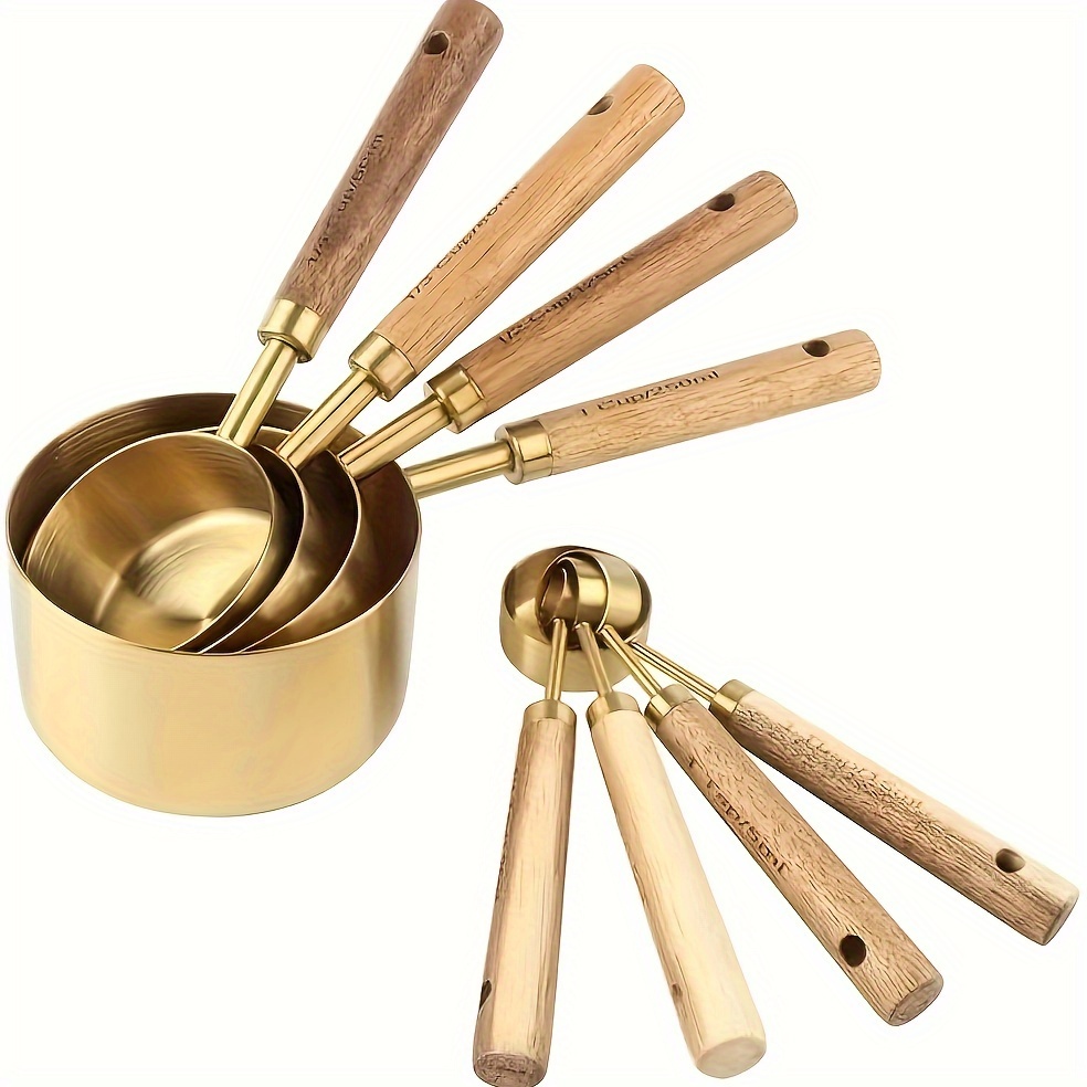 

8pcs Stainless Steel Measuring Cup And Spoon Set With An Acacia Wooden Handle, Kitchen Baking Tools, Including And Coffee Spoon, Design For