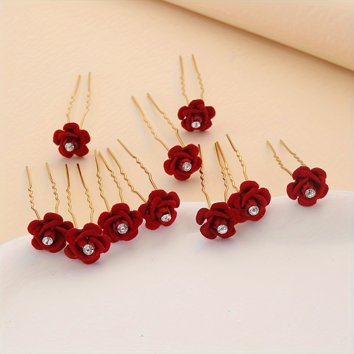 

10pcs/pack Elegant Red Rose Flower Hair Pins With Sparkling Rhinestones, Bridal Wedding Hair Accessories, Gold-toned Bobby Pins For Updos And Hairstyles