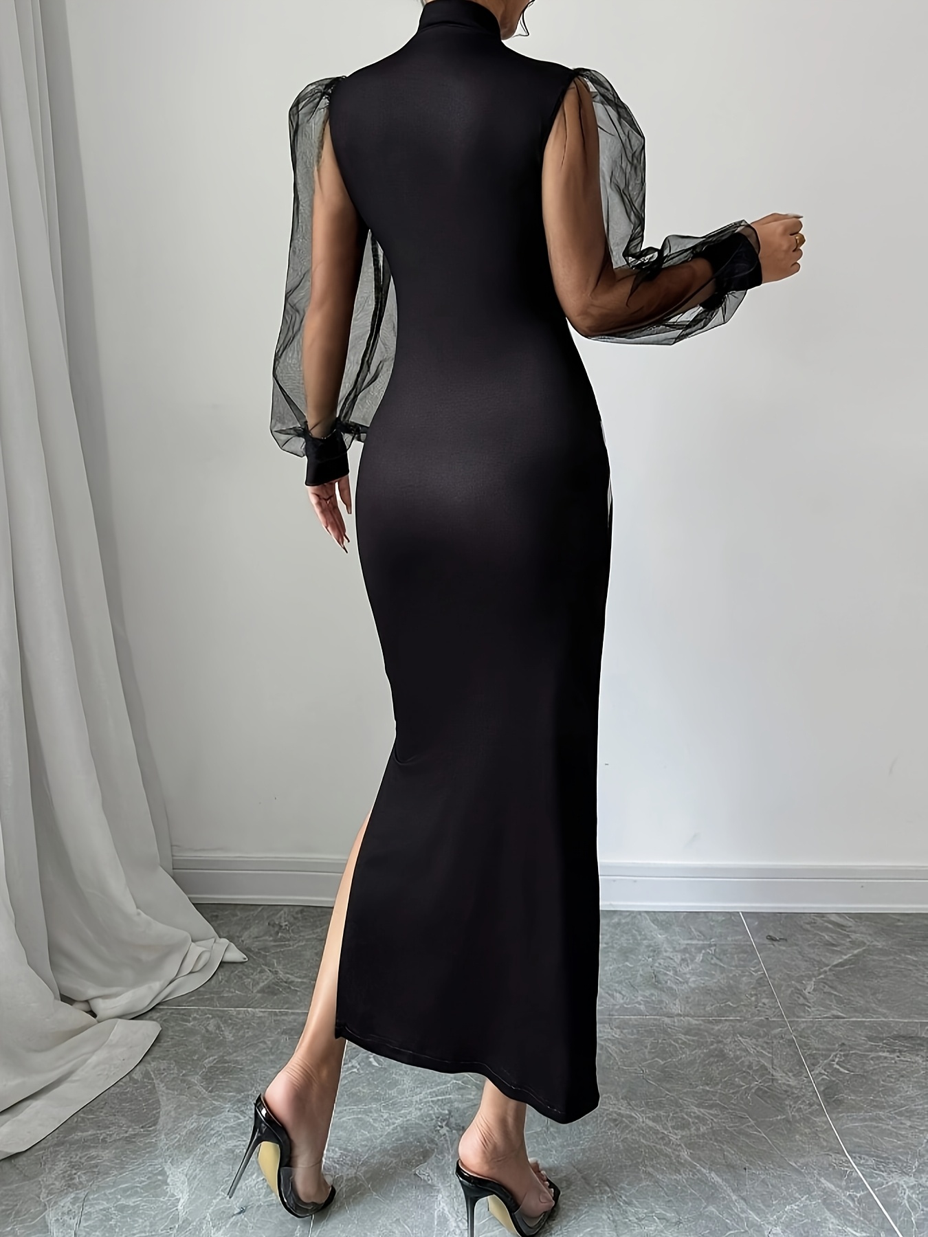knee length dresses for ladies Chic Elegance: Contrast Mesh Lantern Sleeve Bodycon Dress – Canary Houze