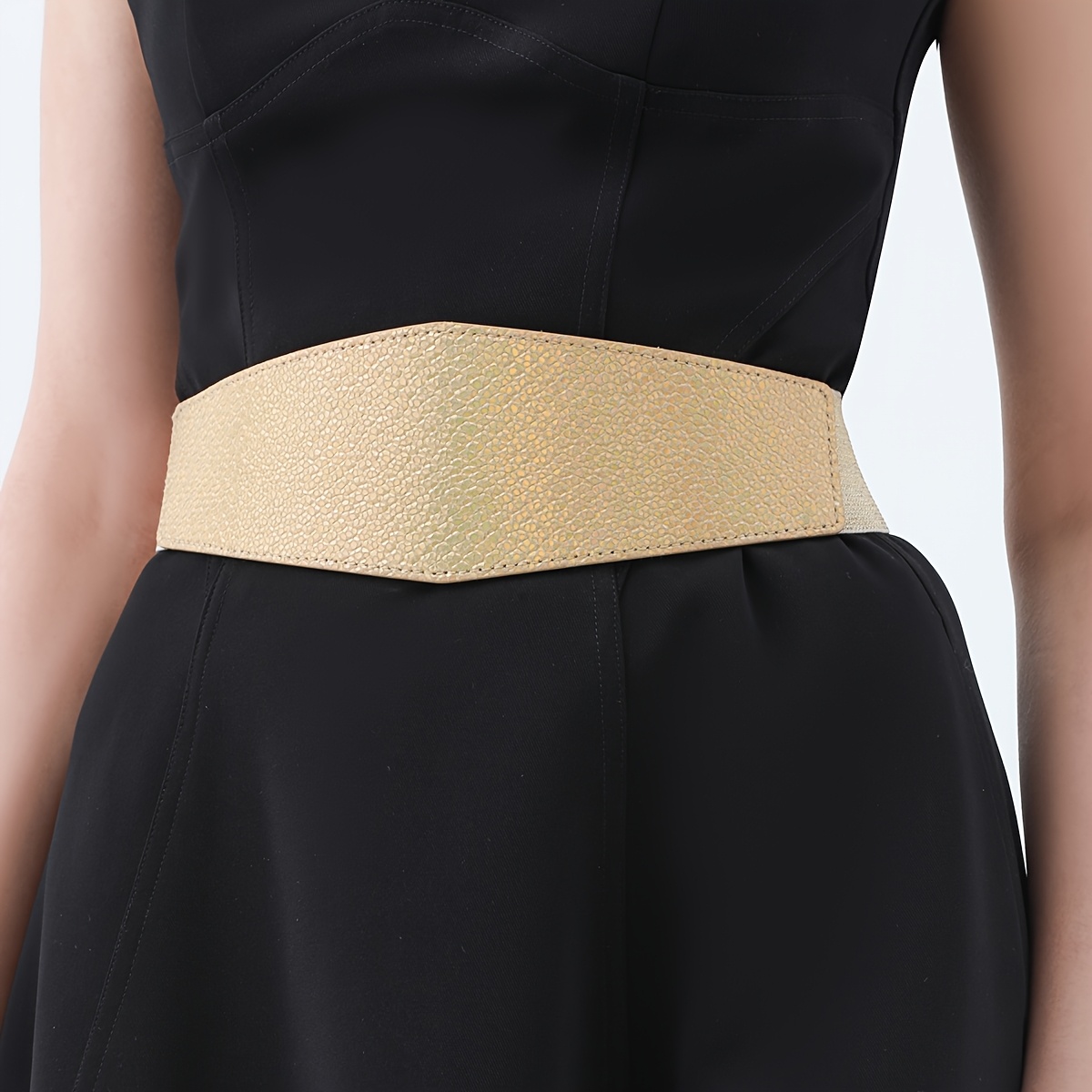 E-shop 1 Stück Goldener Irisierender Schlangenmuster-Druck Snap-Knopf Damen Elastischer Bund Casual Mode Kleid Gürtel Accessoire