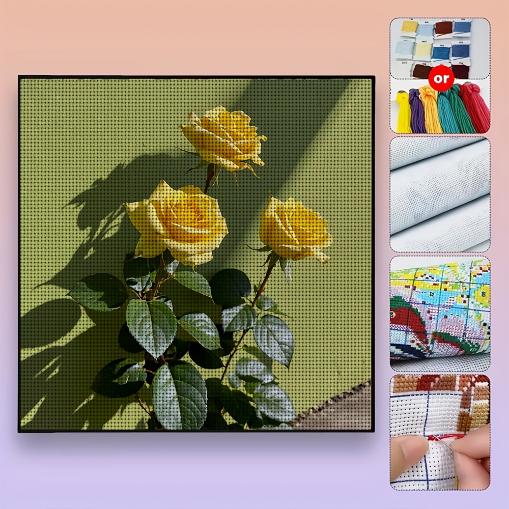 DIY Cross-Stitch Printed Kit, Three Yellow Roses Against a Wall