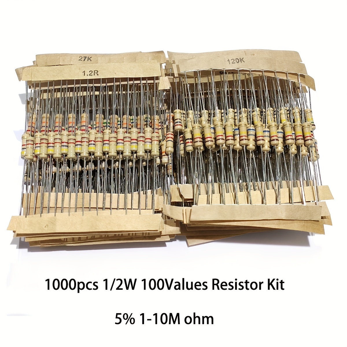 

1000 Pcs 1/2w 100 Values Resistor Kit - Carbon Film Resistors, 5% Tolerance, 1-10m Ohm, Diy Electronic Components