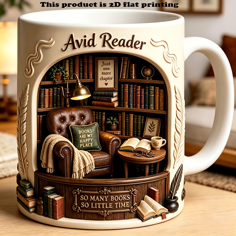 TEMU 2d Printed Reader-themed Mug, Bookshelf Mug, To Book Lovers, A Reading Gift, 11 Ounces, Reusable, With Heat And Cold Insulation, Suitable For