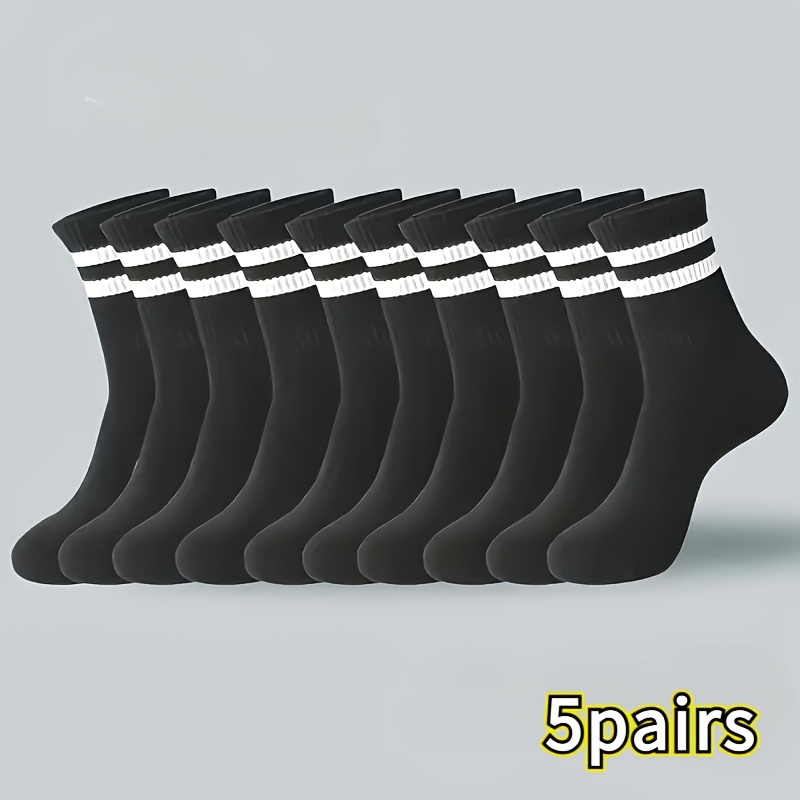 TEMU 5pairs Unisex Striped Mid-calf Socks - Solid Color Men's Socks, Breathable Comfortable Athletic Socks, Side Stripes, , Comfortable Material,