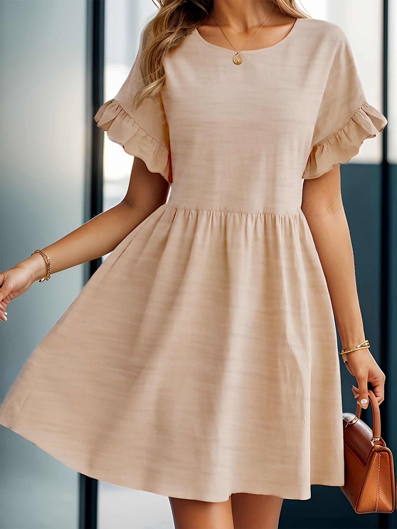 summer women's bubble sleeve a-line dress with elastic waist lace trim - pastel  colors - women's clothing - Temu