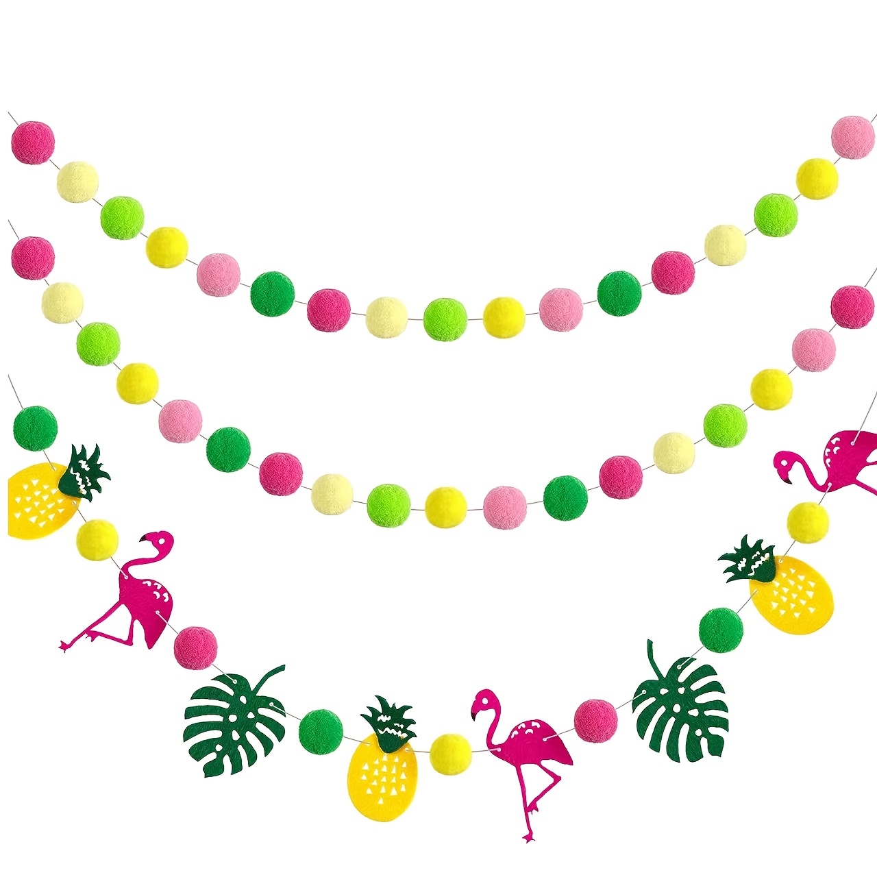 Image of 3pcs Hawaii Summer Hanging Pompom Ball Garland Tropical Flamingo Banner Set Aloha Banner Flamingo Flower Garland Banner For Hawaiian