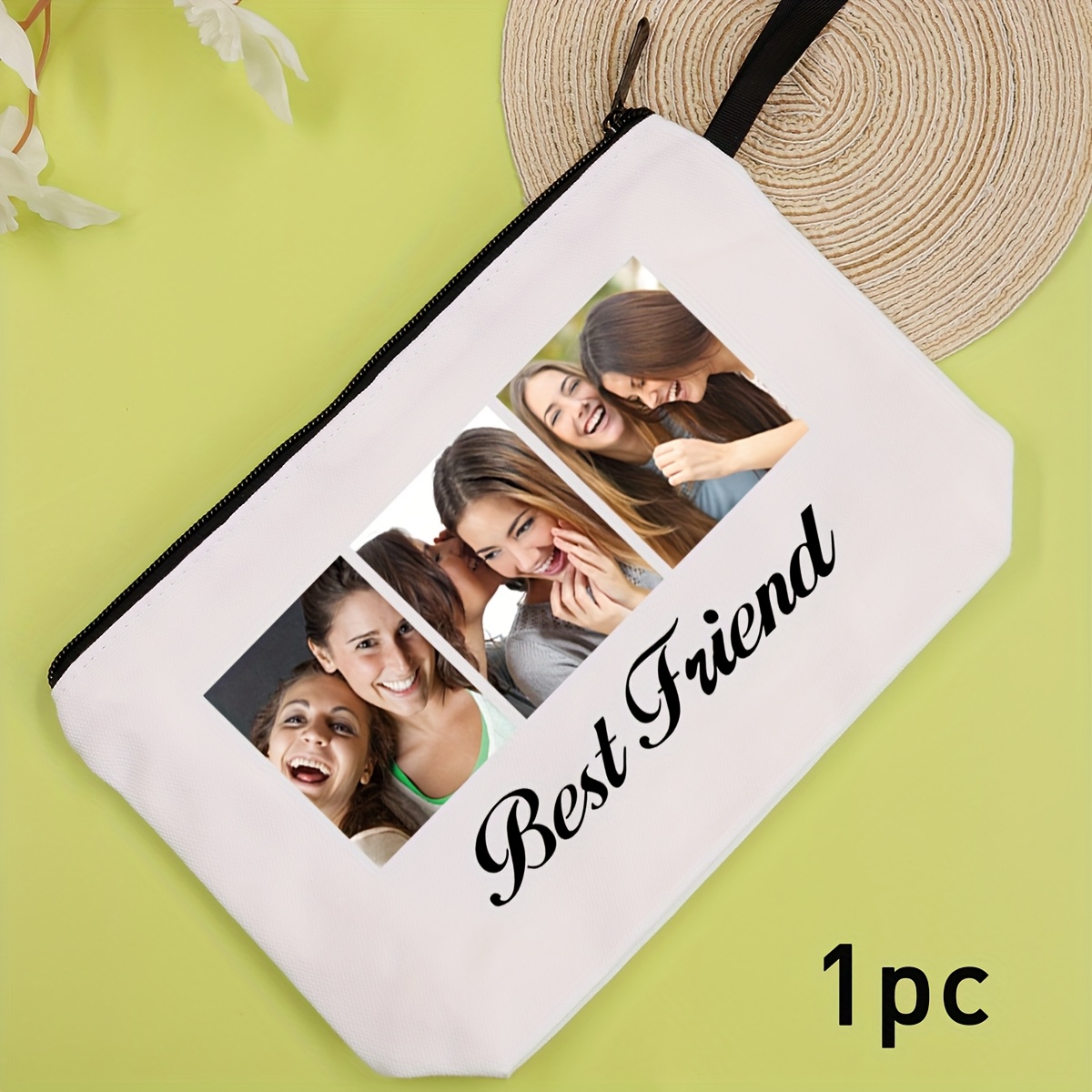 TEMU Trousse de Maquillage Personnalisée avec Photo et Nom - Organisateur Cosmétique Voyage Léger Pliable pour Femmes & Hommes, 4 Photos et Textes