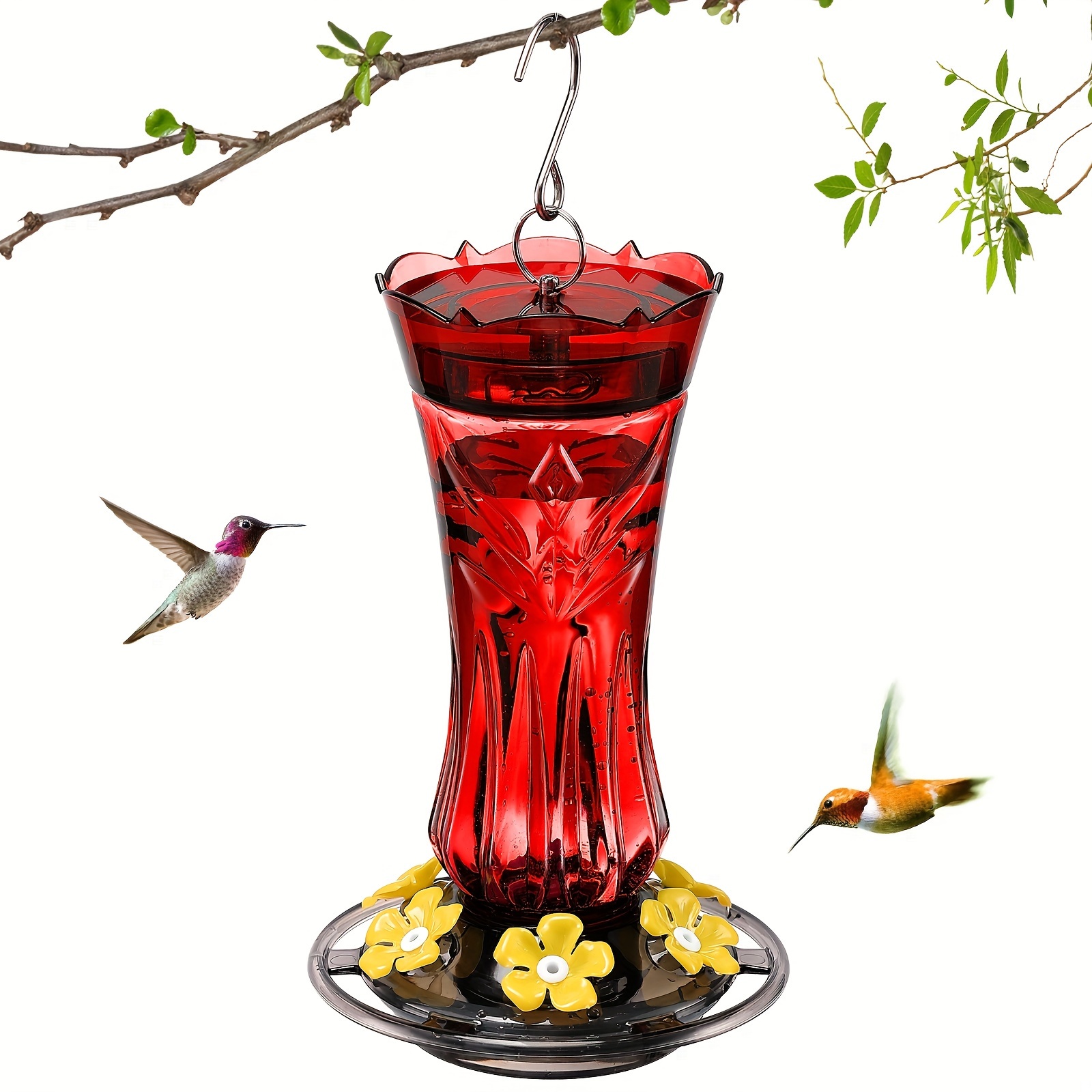 

1pc Red Plastic Hummingbird Feeder, Durable Plastic Material, Easy To Hang Outdoor Garden Decor With Ant Moat And Yellow Flower Accents
