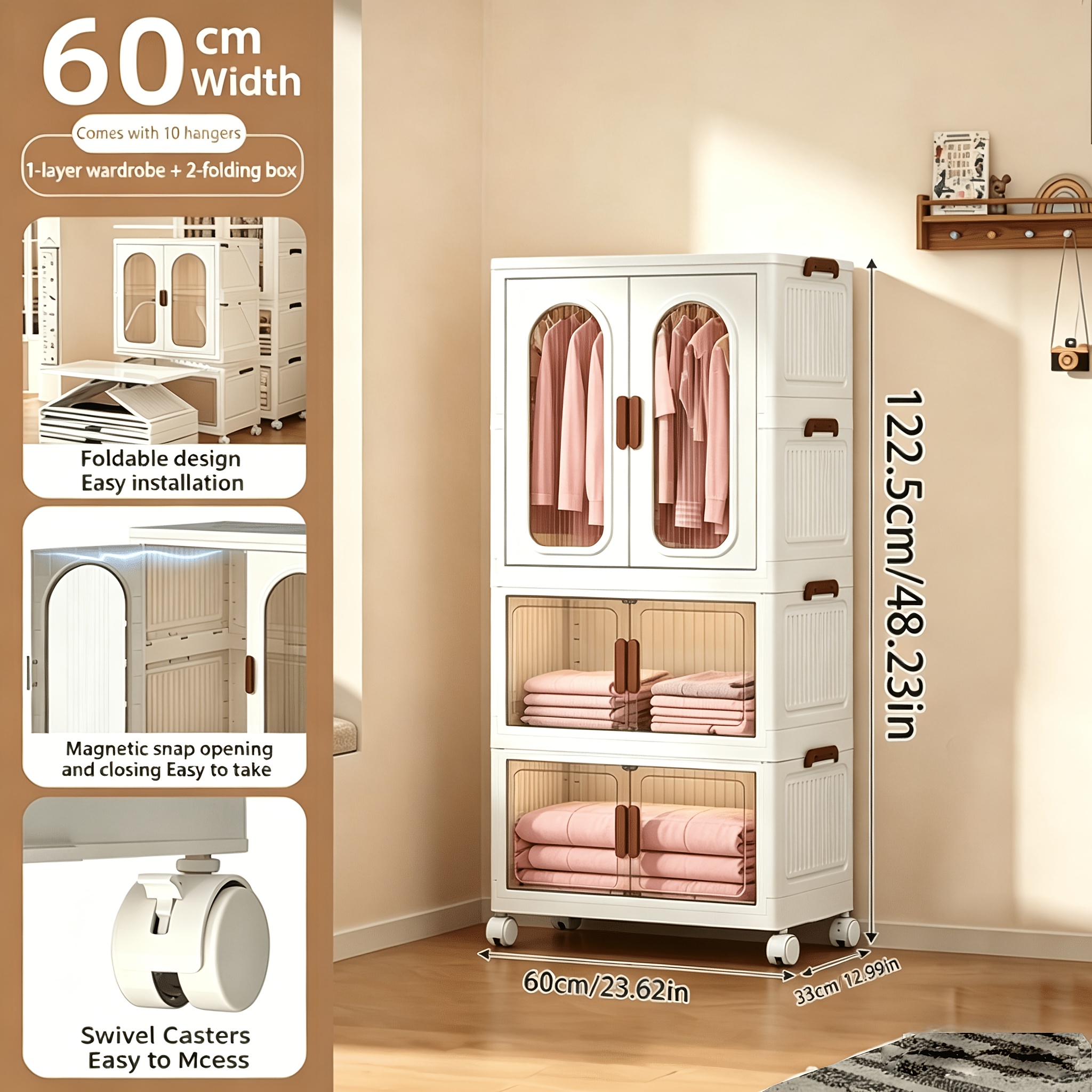 TEMU Armoire de rangement empilable multicouche en plastique avec 10 cintres et portes de placard transparentes à roulettes, armoire de rangement