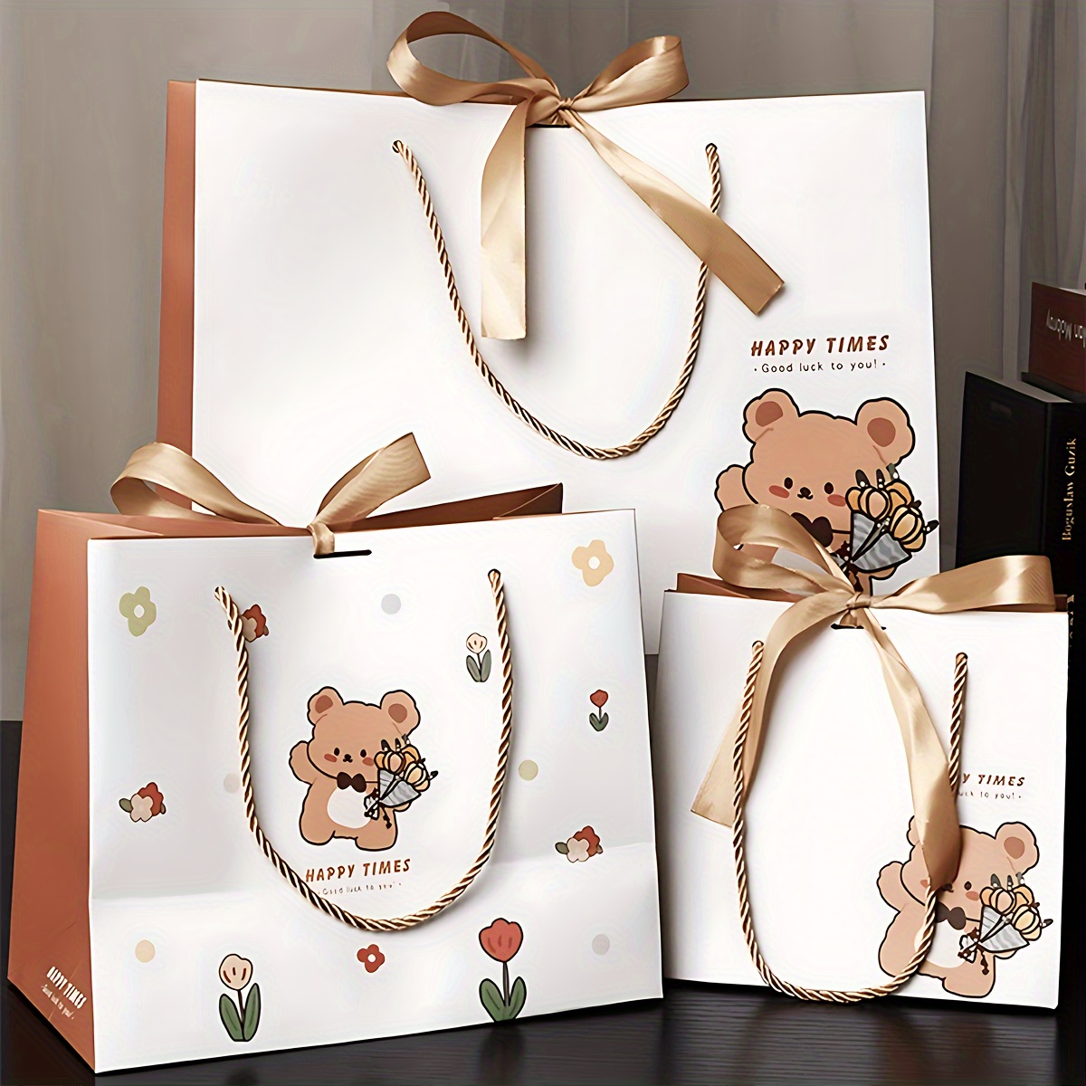 

5pcs Cute Bear Gift Bags With Ribbon - Shopping, Parties, Weddings & Birthdays - High-quality Paper Craft Tote Bags