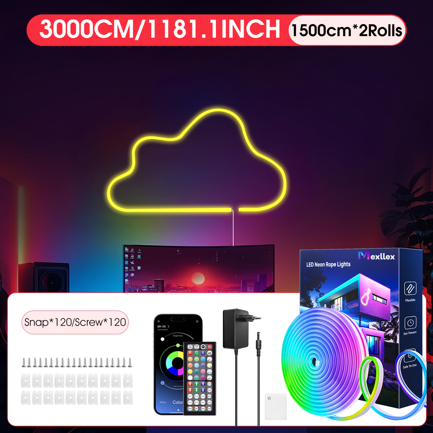 Image of 5m/10m/15m/20m/30m Led Neon Light Strip, 24v Key, Remote Control/application Control, Flexible Rgb Light Strip, Ip67, Suitable For Bedroom, Room And Outdoor Decoration