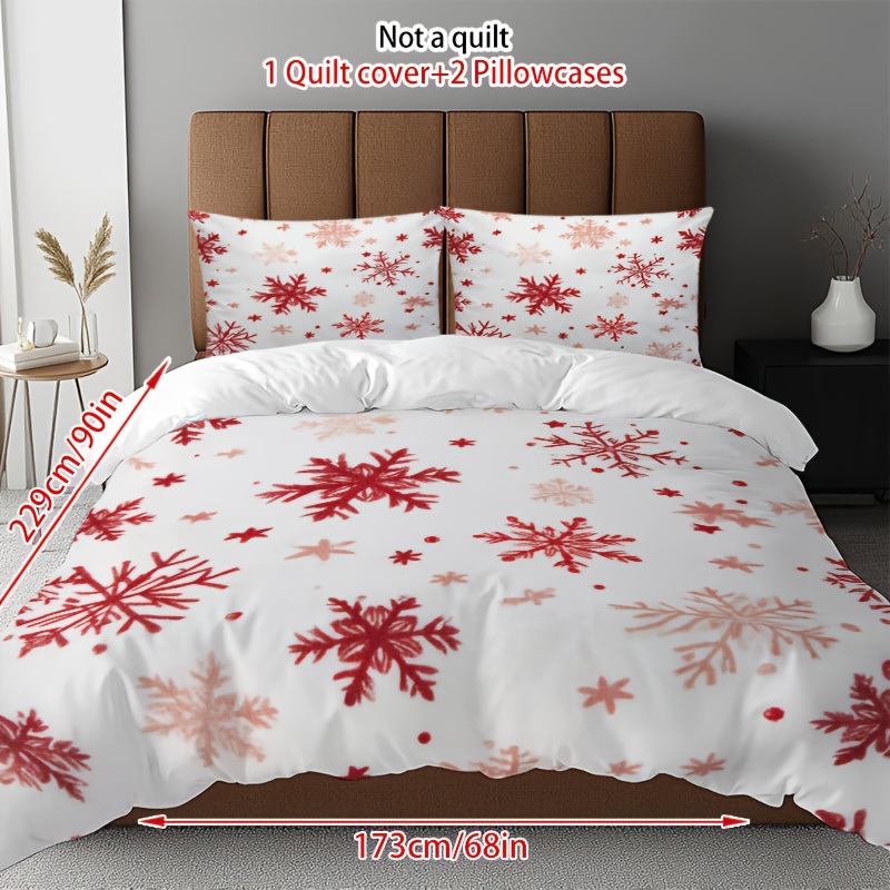 3pcs Winter Bedding Set - Red & Grey Snowflake Pattern, Machine Washable All-Season Duvet Cover & Pillowcases (1 +2) for Christmas, New Year's Decor - Bedding Basics Collection, Holiday Bedroom, Guest Room Essentials, Festive Design, Easycare Fabric, Durable Material, Seasonal Gift Buyers, Home Decorators, 2D Flat