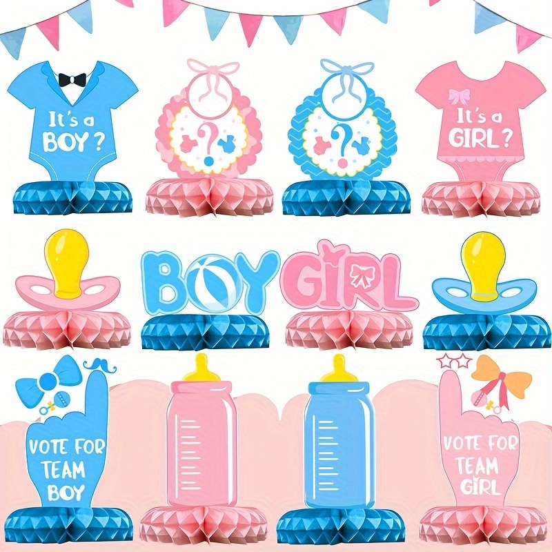 

12pcs Gender Reveal Party Decoration Supplies - Paper Honeycomb Centerpieces, Table Arrangement, Team Boy Girl, No Electricity Needed