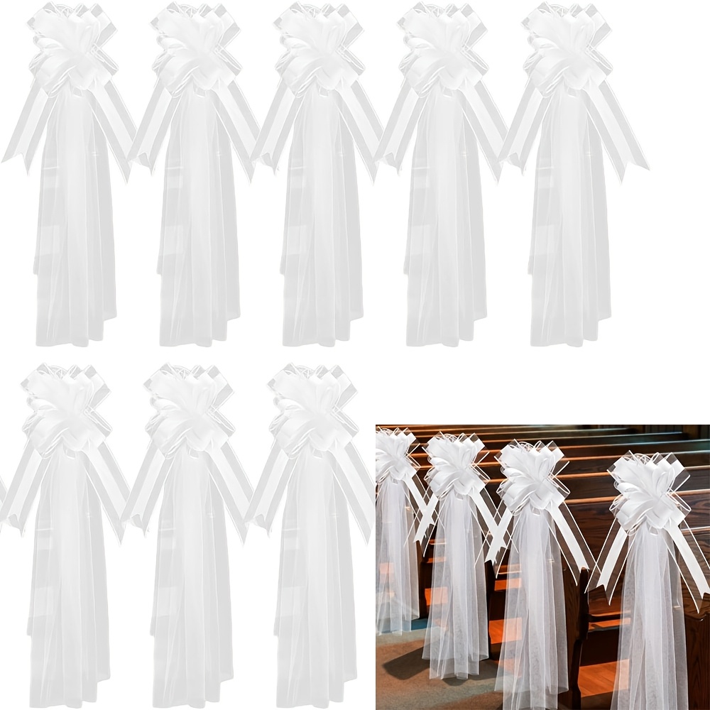 Image of 8 Set Large Wedding Pew Bows With Long Tulle Tails Wedding Pew Bows Church Chair Aisle Decorations Wedding Decoration Big Bows For Bridal Shower Reception Birthday Anniversary