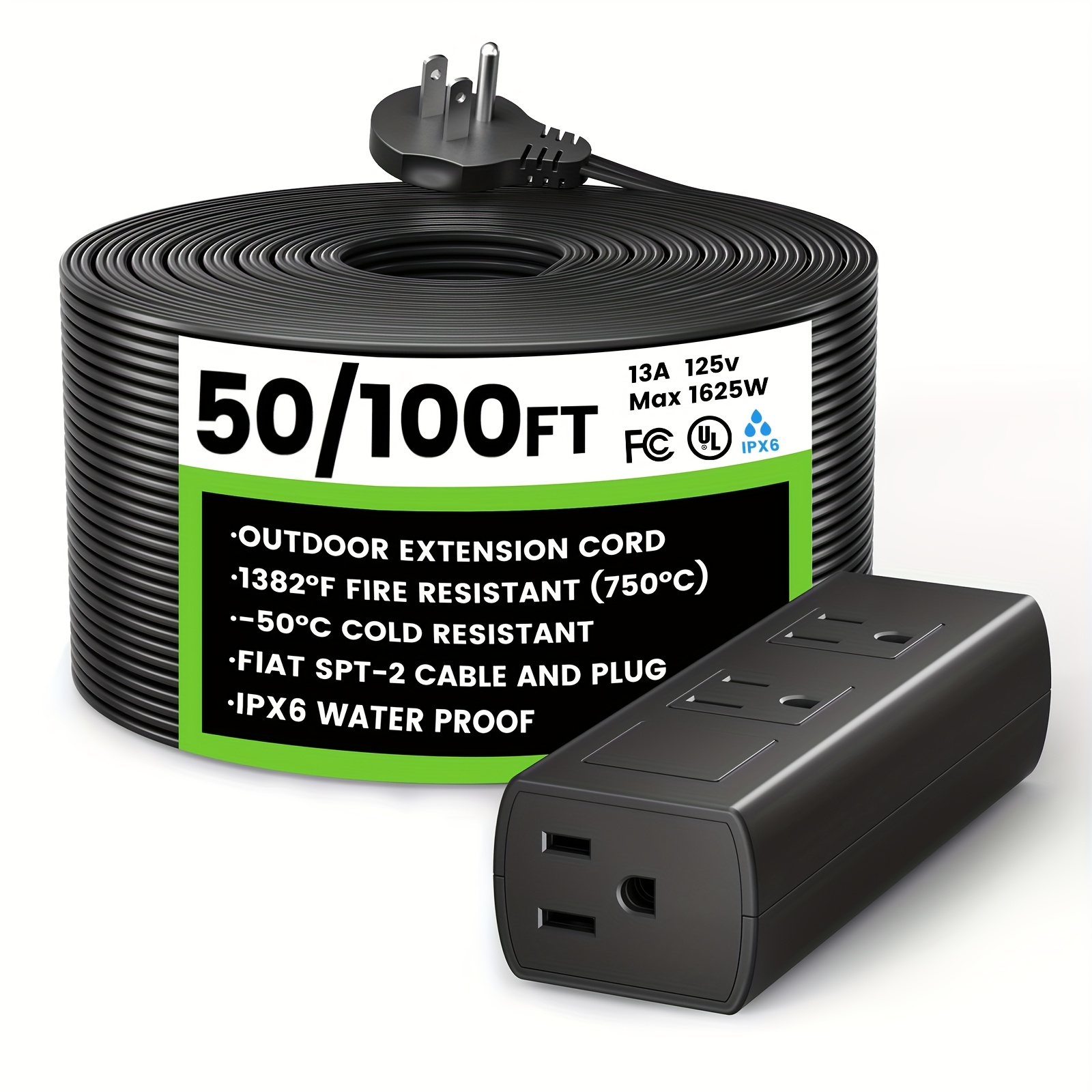 

50 Ft/ Ft Gauge Heavy Duty Black Extension Cord Outdoor, 3 Prong Extension Cord, 1625w Protector Power Strip, Spt-2 18awg Cable, Flat Extension Cord For Lawn, Garden, Home, Office.