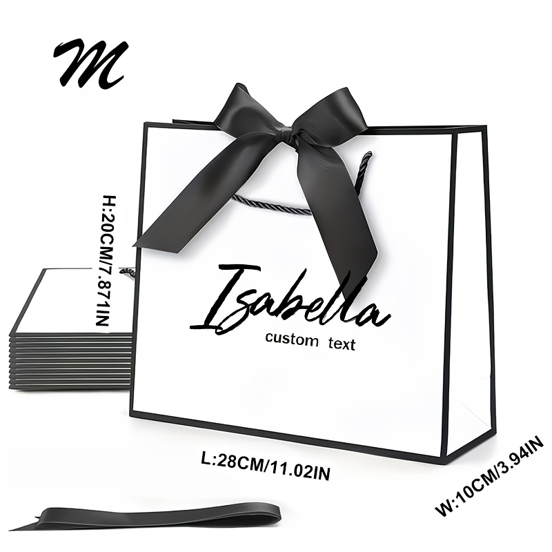 TEMU 1pc Custom Gift Bag, Personalized White Gift Bag With Black Ribbon, Custom Name/text Gift Packaging Bag, Birthday Gift Bag, Sense Of Ceremony,