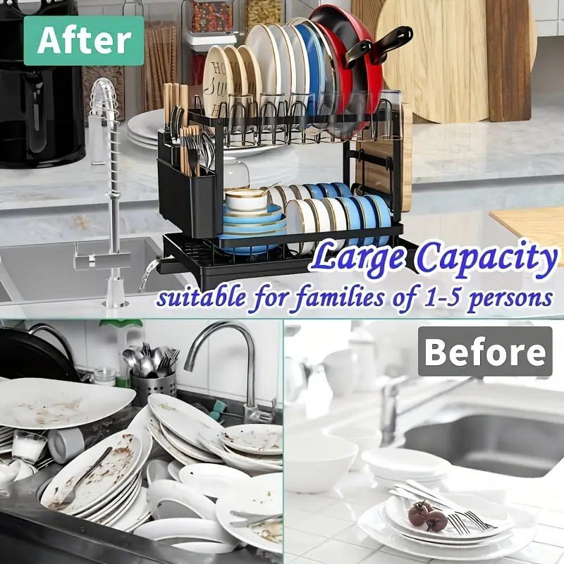 1pc large 2 tier stainless steel dish drying rack with drip plate space saving kitchen counter organizer for dishes knives cups cutting boards multi use no dish drying rack for kitchen counter utility racks Product details 2