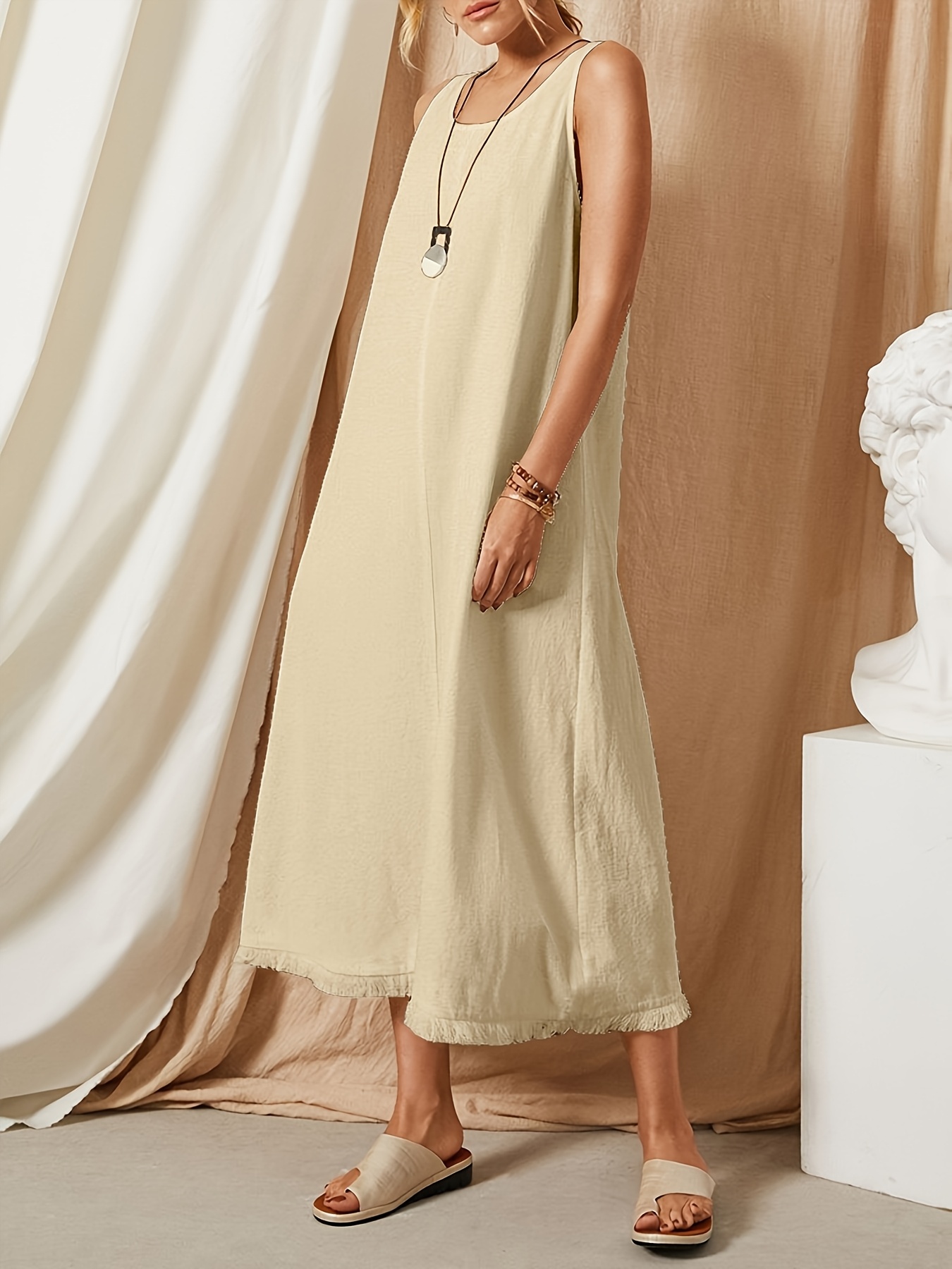 Women'S Bohemian Sleeveless Maxi Dress Casual Solid Color with Tassel  Hem, Loose Fit, Round Neck, Long Length Spring/Summer/Fall, Casua