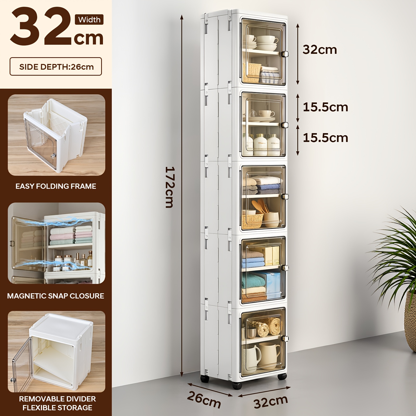 TEMU Narrow Bathroom Storage Cabinet, 32cm 2/3/4/5-tier Stackable Plastic Storage Box With Lid, Wheels And Transparent Doors, Space-saving Storage