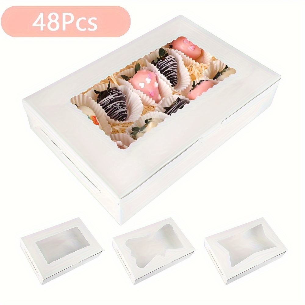 

48pcs Cookie Boxes, 12x8x2.5 Inches Cookie Boxes With 3 Style Window For Macaron, Cakes, Chocolate Covered Strawberries, Truffle, Dessert, Pies, With 4pcs Stickers