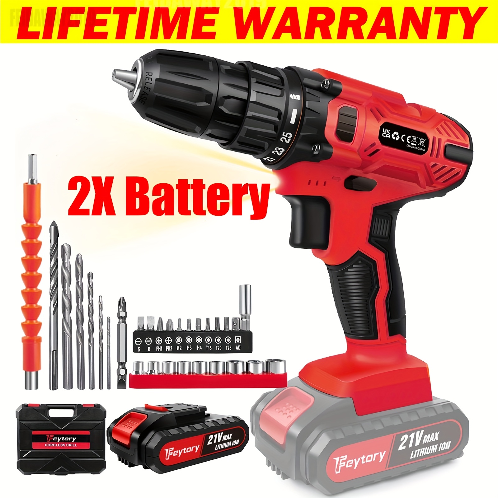 21v Cordless Drill Set 2x Batteries Electric Drill Set 45nm Cordless Drill With 25+1 Torque Setting, Large Li-, 29pcs Additions, 2 Variable Speed, Led Work Light, Home And Kit