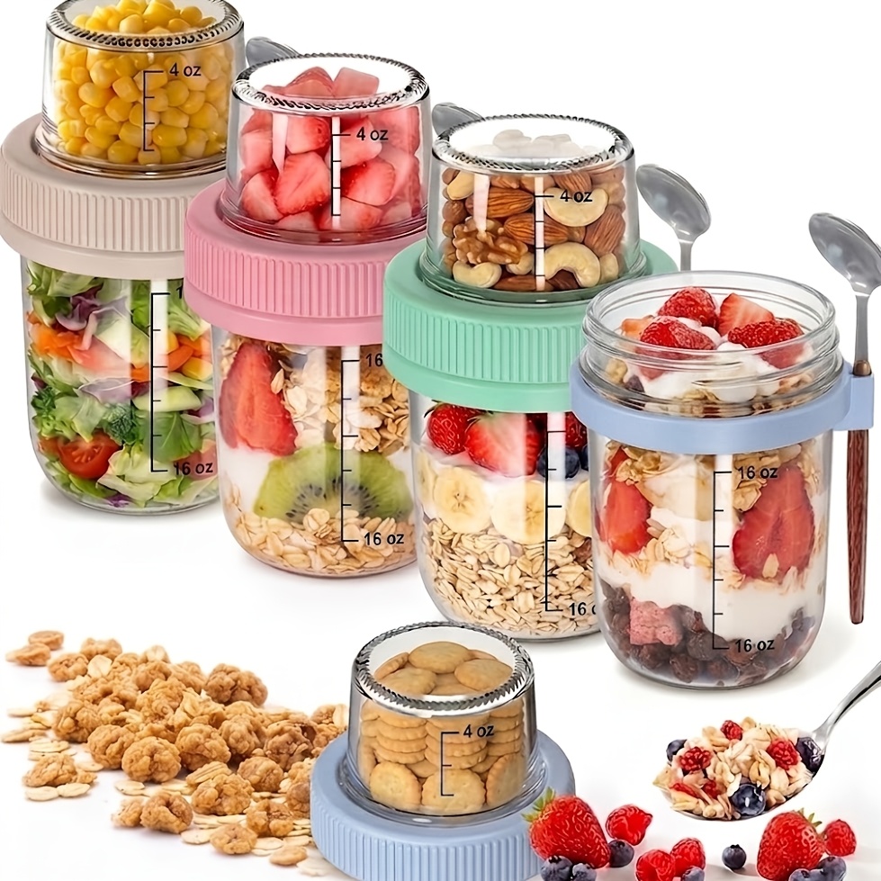 TEMU 4 Pack Overnight Oats Containers With Lids And Spoons, 20oz (16+4) Overnight Oats Jars, Glass Mason Jars With Dry And Wet Separation For Oatmeal