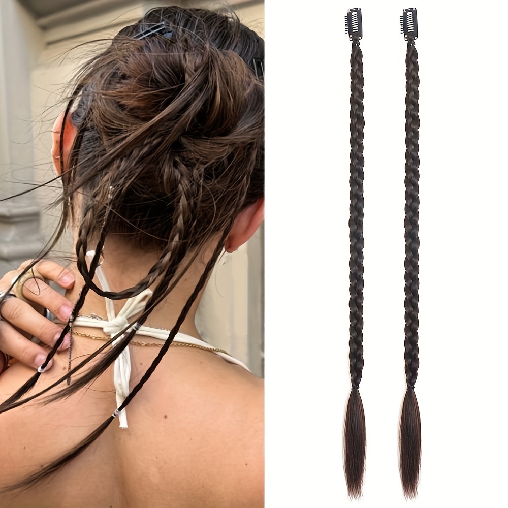 Image of 2pcs Set Hair Clip-in Extensions, Braided Hairpiece For Women, 20-inch Synthetic Fiber, Suitable For Daily Wear And Holiday Styling