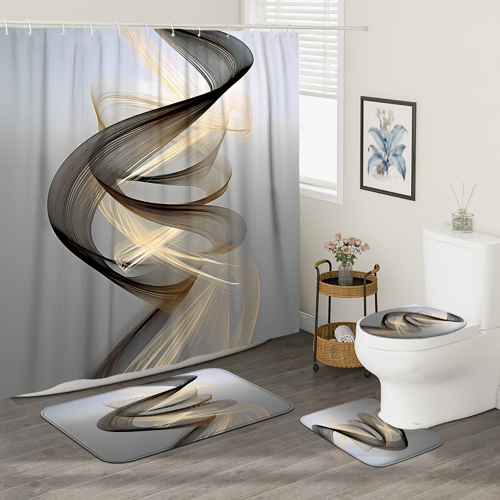 

1/4pcs Geometric Line Pattern Shower Curtain Set, Shower Curtain With 12 Hooks, Non-slip Bath Mat, U-shaped Toilet Mat, Toilet Mat, Bathroom Decor Accessories