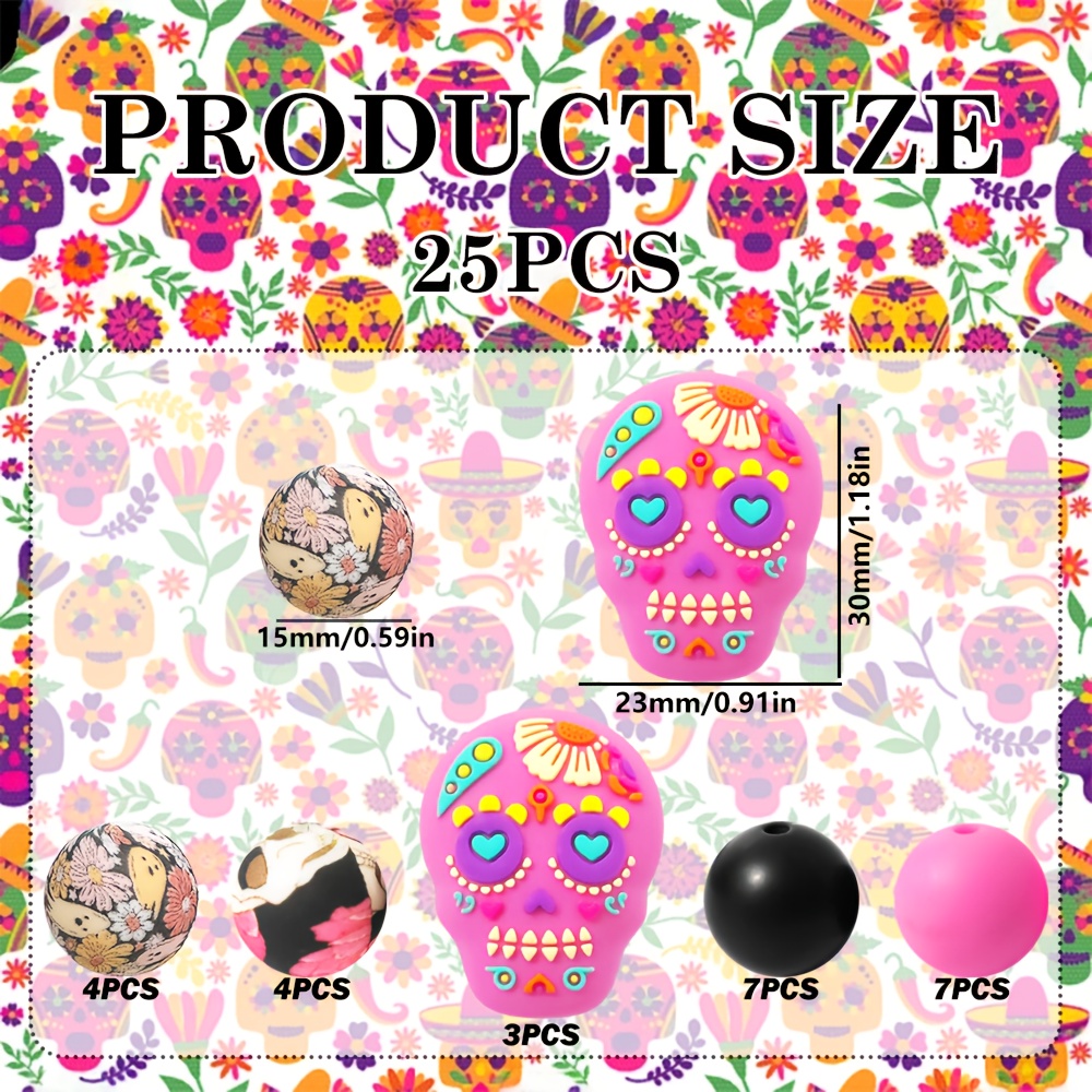 E-shop 25-teiliges 3D-Halloween-Set mit rosa Totenkopf-Silikonperlen, Großhandel-Silikonperlen-Set für Schlüsselanhänger, Stifte,