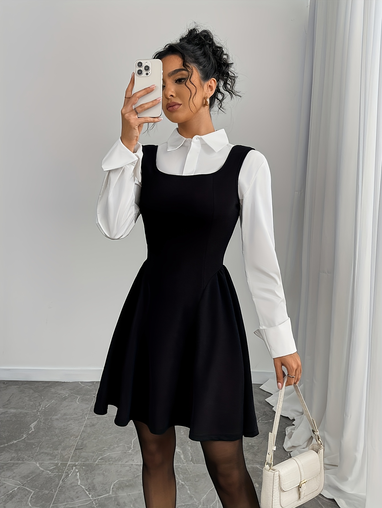 Vestido Elegante de Mujer sin con Cuello Cuadrado Outfit Chic Formal e  casual, Dobladillo Acampanado, Vestido para Boda y Uso