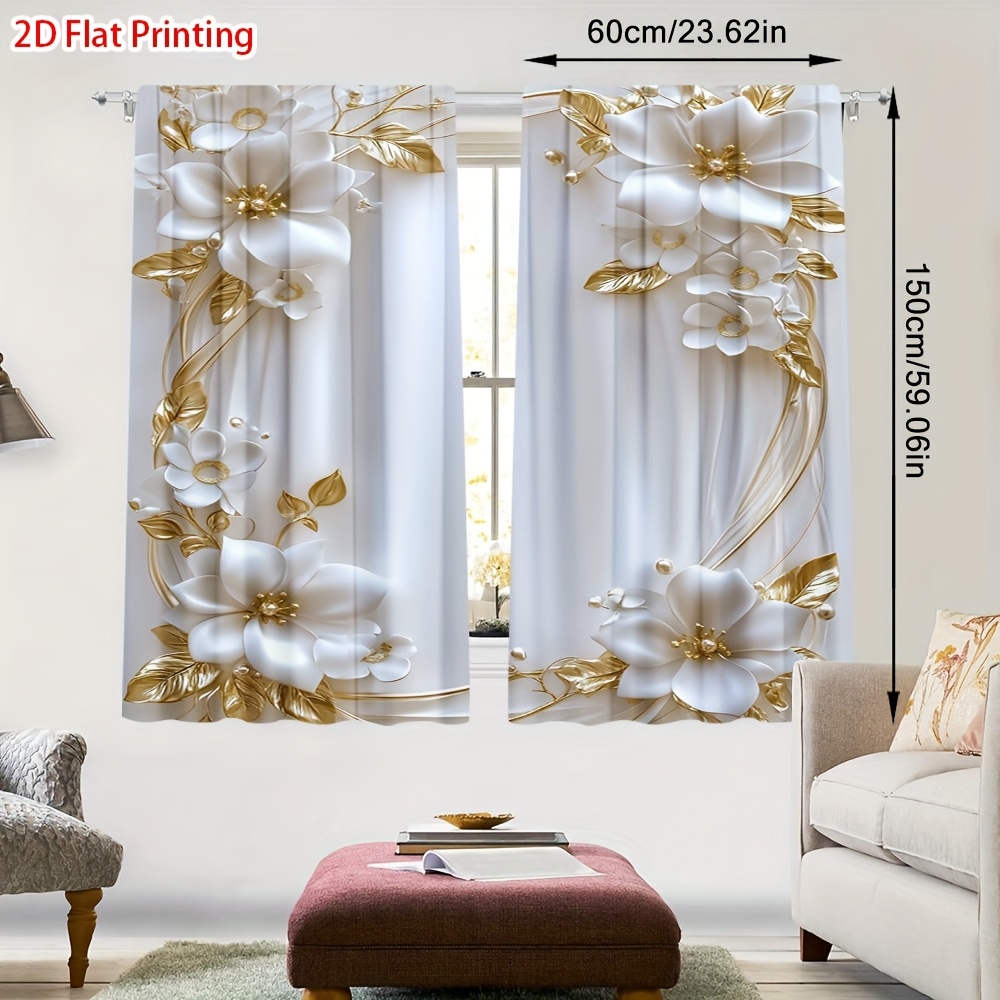 TEMU 2d Flat, 2pcs 2d Flat Printing Golden Floral Frame Art Semi-blackout Curtains With Rod - Room Decoration, Perfect For Art Spaces, Kitchen,