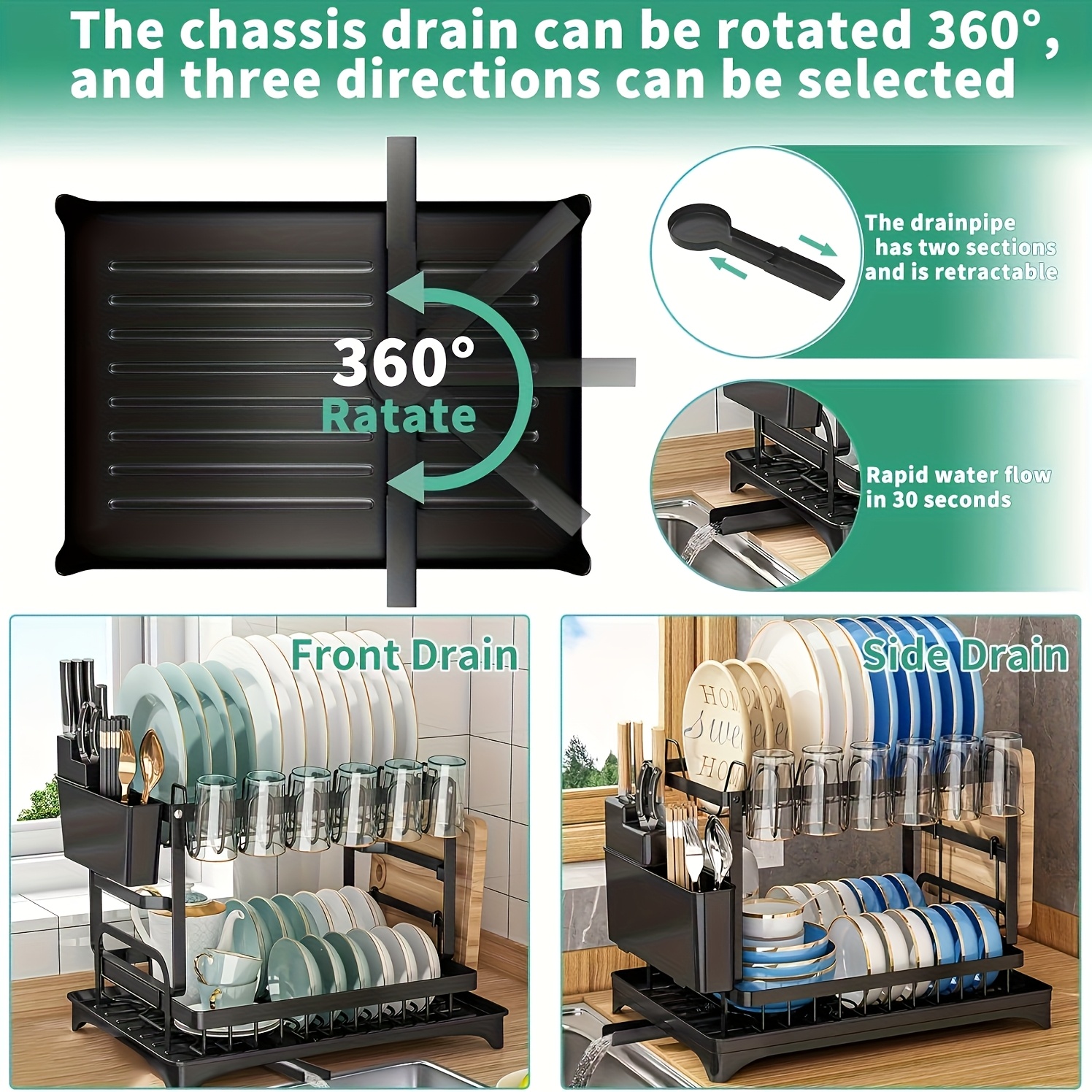 2 tier metal dish drying rack with drain board black   saving kitchen organizer for dishes glasses   removable cutting board and utensil holder dish drying station details 4