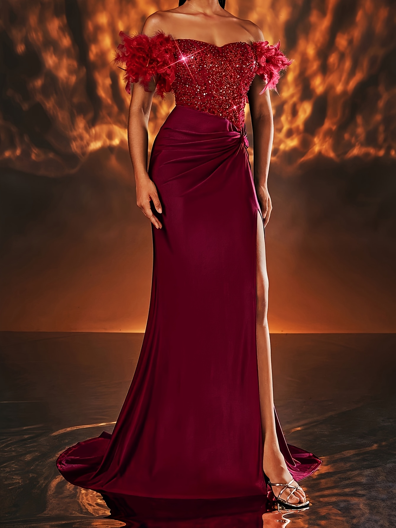 emerald green sequin embellished shoulder evening gown Temu