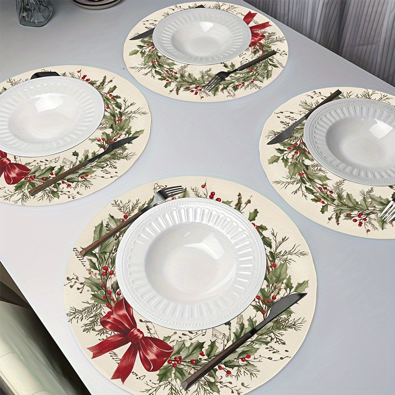 

4pcs Christmas Placemats Set, Linen Table Wreath, & Red - Washable, , Dining For Home &