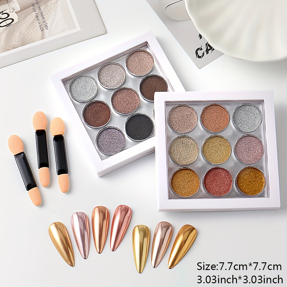 9 Solid Color Chrome Nail Powders with Sponge Applicators