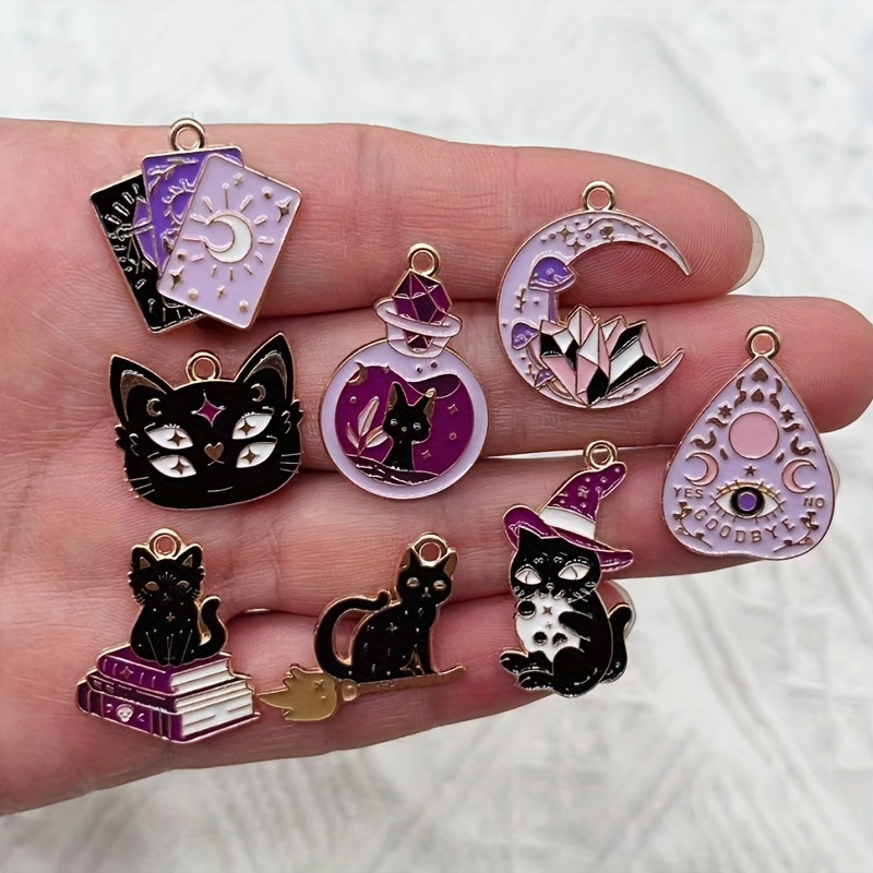 

8pcs Cute Purple Cat Moon Book Charms, Ideal Accessories For Necklace Bracelet Keychain Jewelry Making