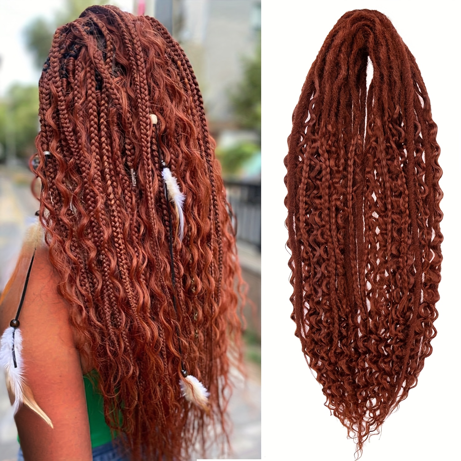   handmade double tail braided hair extensions 24 inch synthetic fiber curly wave style mixed braids 15 strands per pack for women details 2